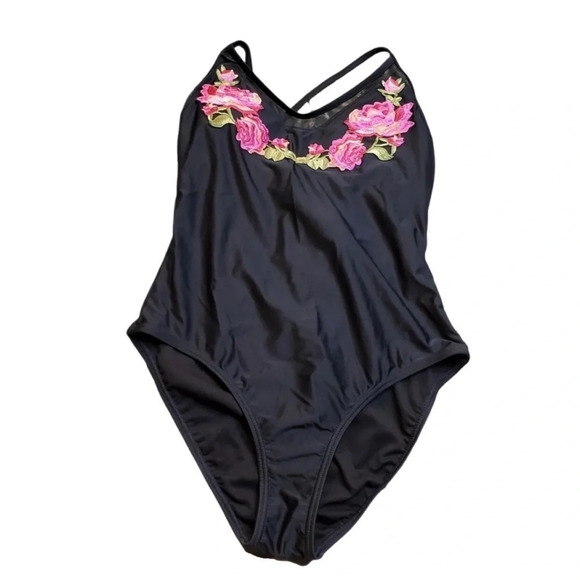 Xhilaration Black One Piece Swimsuit W/ Floral Embroidery - Picture 1 of 4